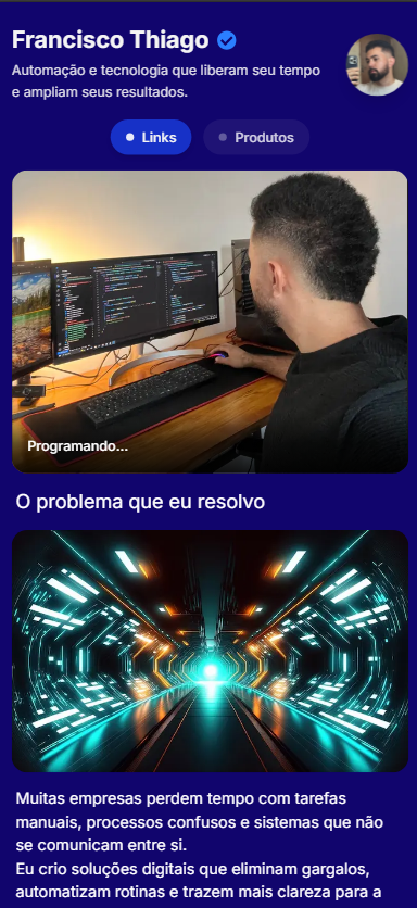 Exemplo 3 de página profissional criada com Tônabio - Design responsivo para mobile com catálogo de produtos e links personalizados