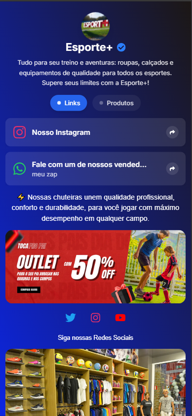 Exemplo 5 de página profissional criada com Tônabio - Design responsivo para mobile com catálogo de produtos e links personalizados